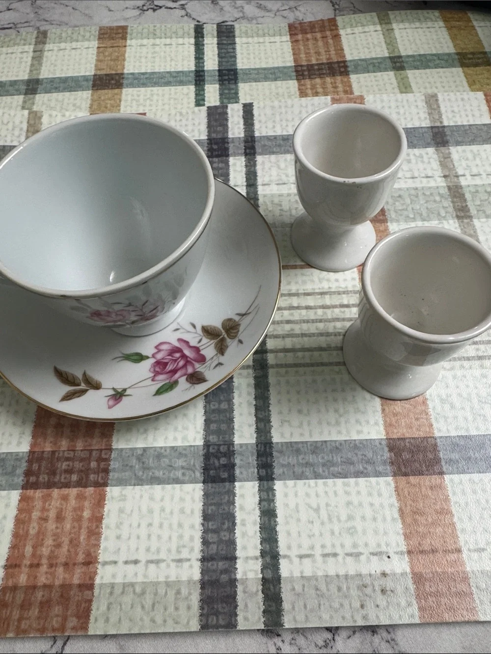 Porcelain Rose-Accent Teacup & Saucer with White Egg Cups